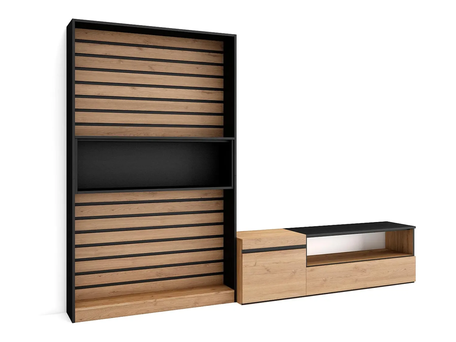 Móvel De Tv|Skraut Home Conjunto de móveis TV, 260x35x186cm, Para televisores até 65", Estante para TV, Carvahlo e preto Natural claro