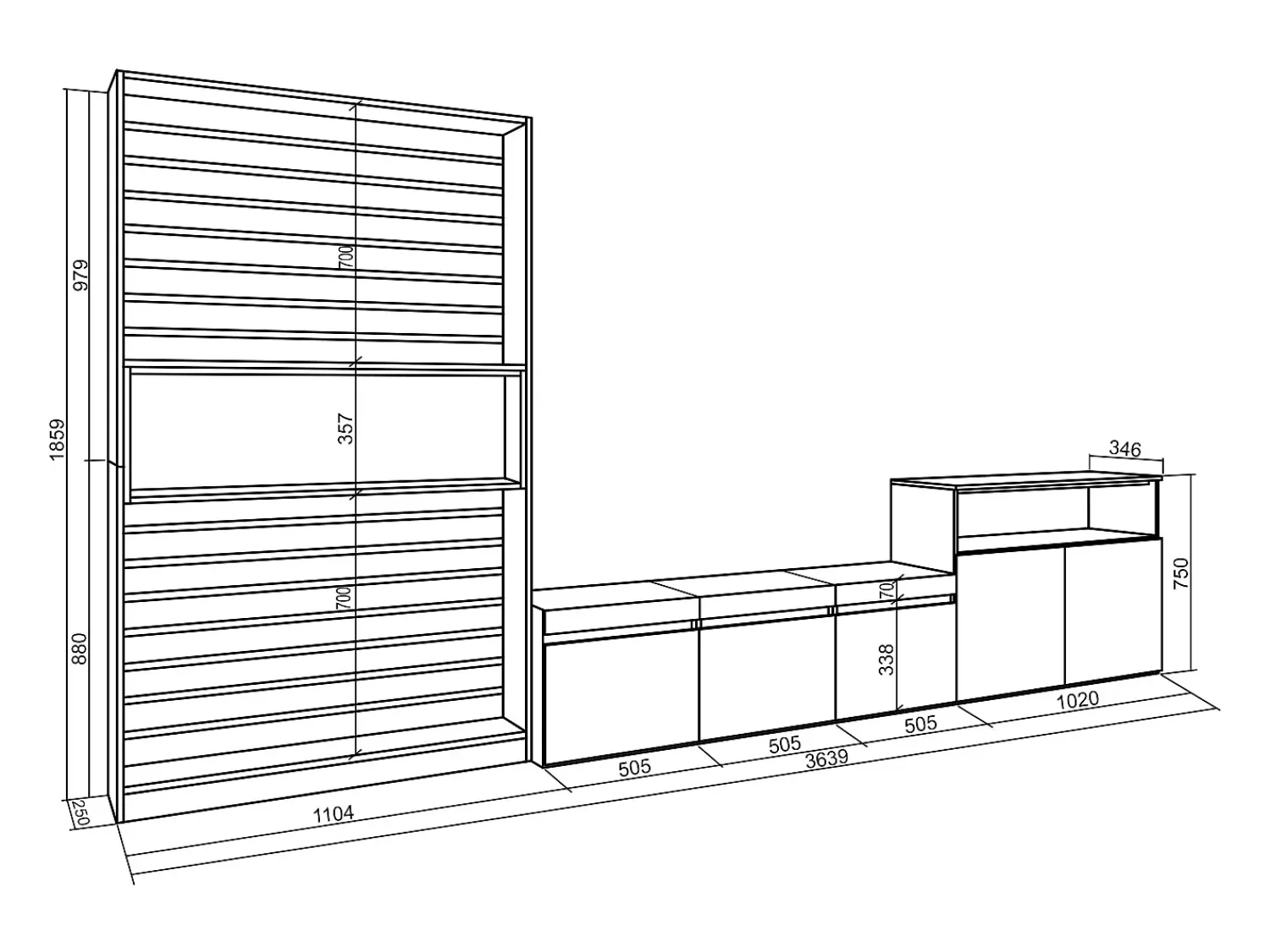 Móvel De Tv*Skraut Home Conjunto de móveis TV, 360x35x186cm, Para televisores até 65", Estante para TV, e preto Branco