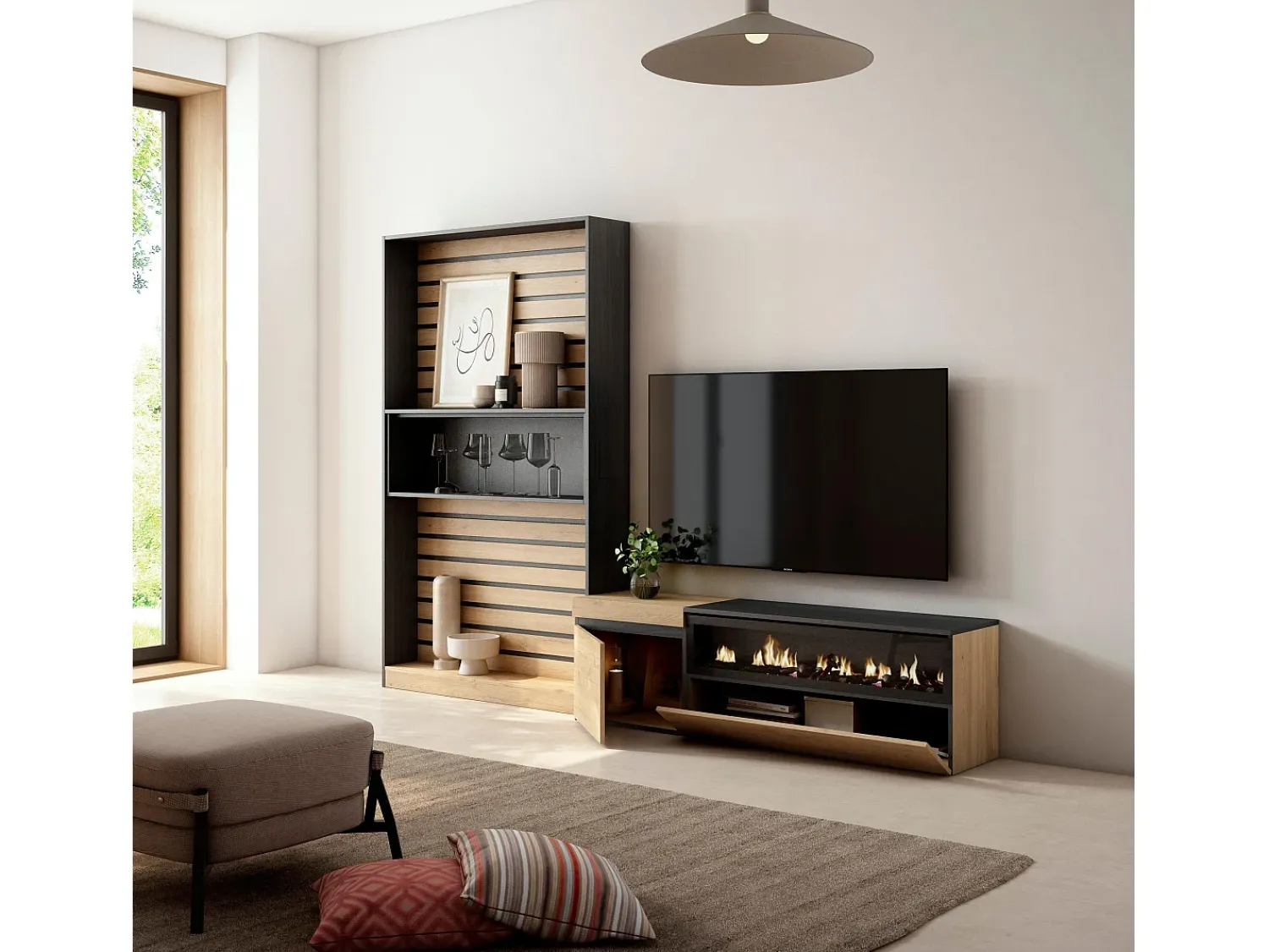Móvel De Tv|Skraut Home Conjunto de móveis TV, 260x35x186cm, Para televisores até 65", Lareira eléctrica, Carvahlo e preto Bege