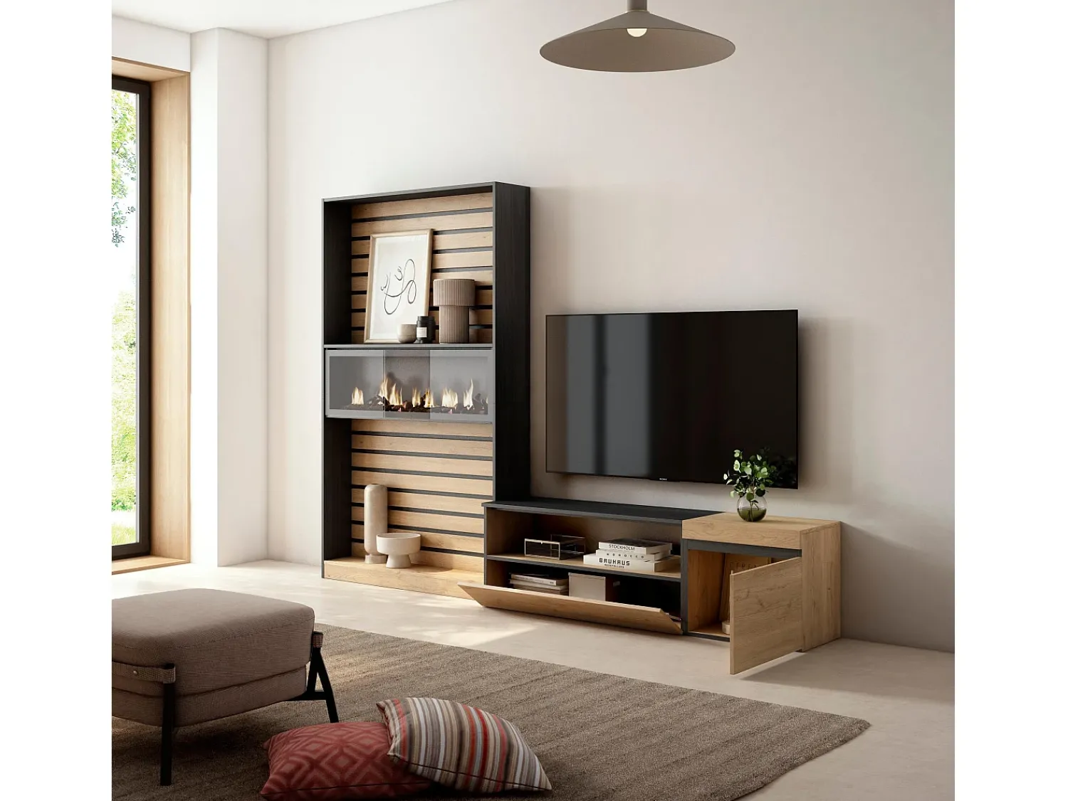 Móvel De Tv|Skraut Home Conjunto de móveis TV, 260x35x186cm, Para televisores até 65", Lareira eléctrica, Carvahlo e preto Natural claro