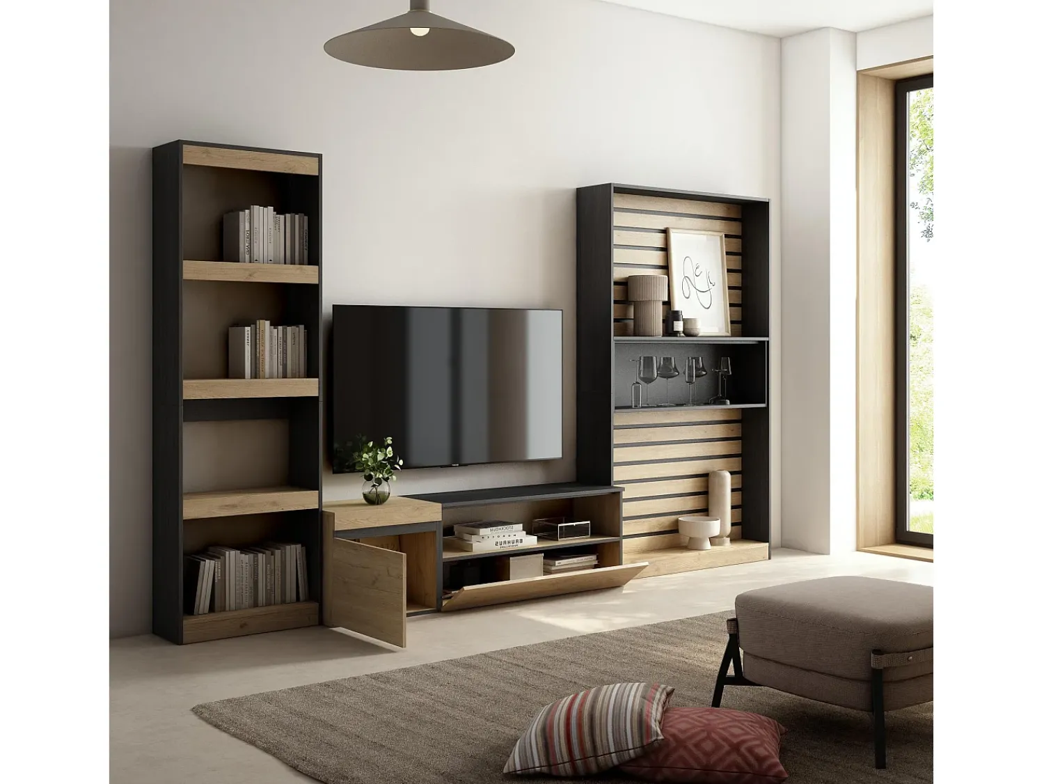Móvel De Tv|Skraut Home Conjunto de móveis TV, 320x35x186cm, Estante para TV, Carvahlo e preto Natural claro