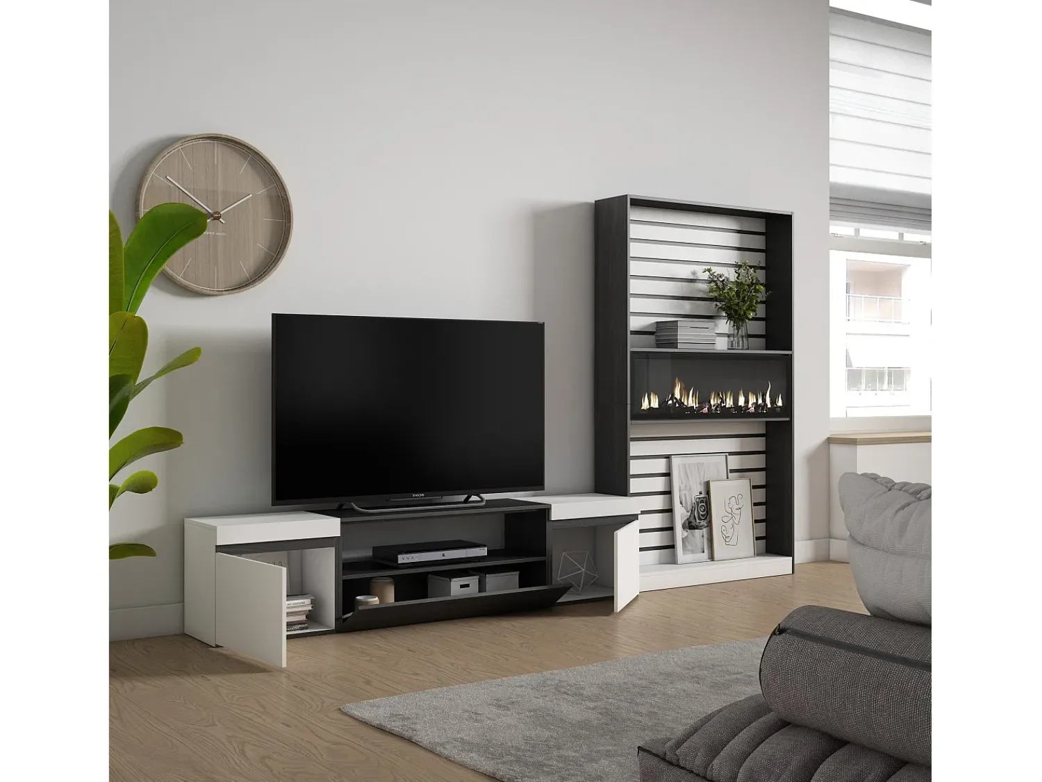 Móvel De Tv*Skraut Home Conjunto de móveis TV, 310x35x186cm, Para televisores até 80", Lareira eléctrica, e preto Branco