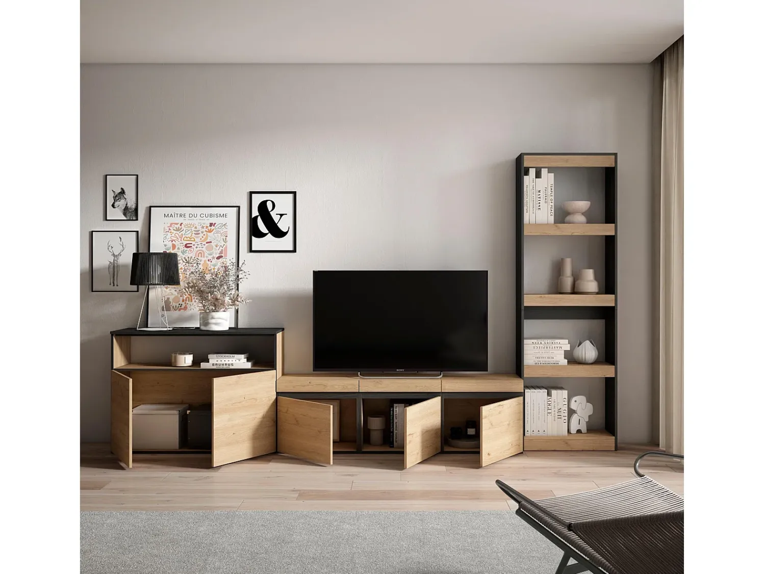 Móvel De Tv|Skraut Home Conjunto de móveis TV, 310x35x186cm, Para televisores até 65", Estante para TV, Carvahlo e preto Natural claro