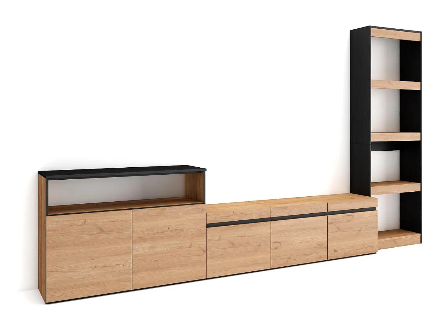 Móvel De Tv|Skraut Home Conjunto de móveis TV, 310x35x186cm, Para televisores até 65", Estante para TV, Carvahlo e preto Natural claro