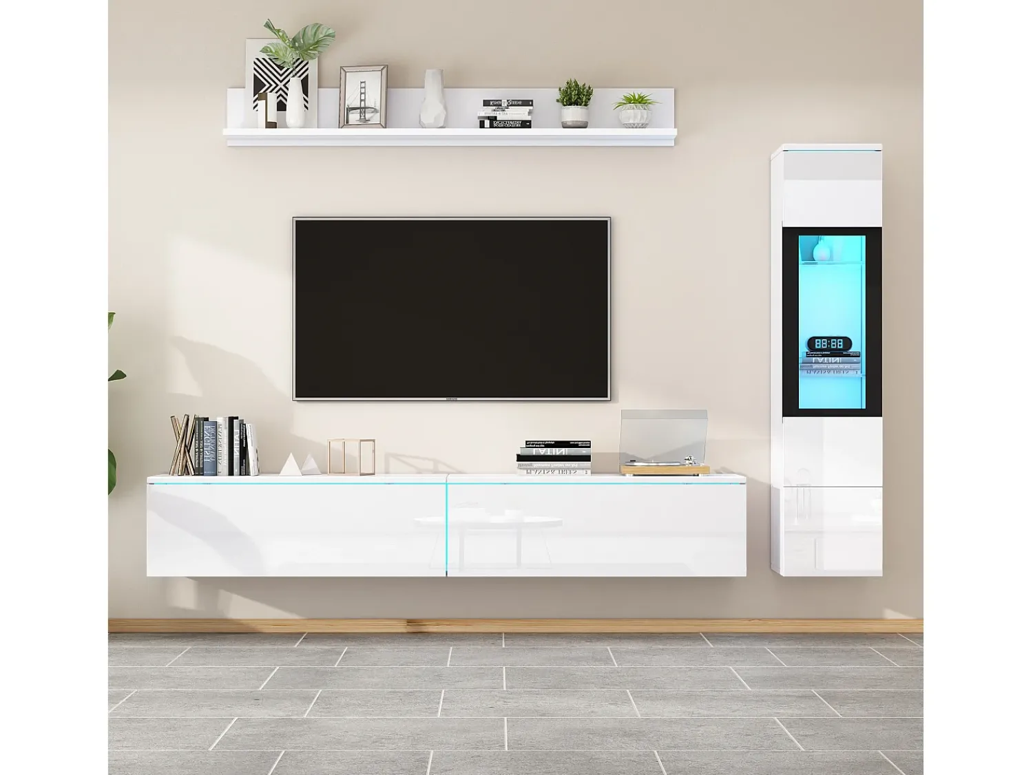Móvel De Tv|ModernLuxe Conjunto de móvel de TV 3 peças - Móvel de TV + vitrina de parede + prateleira de parede - con iluminação LED - Branco