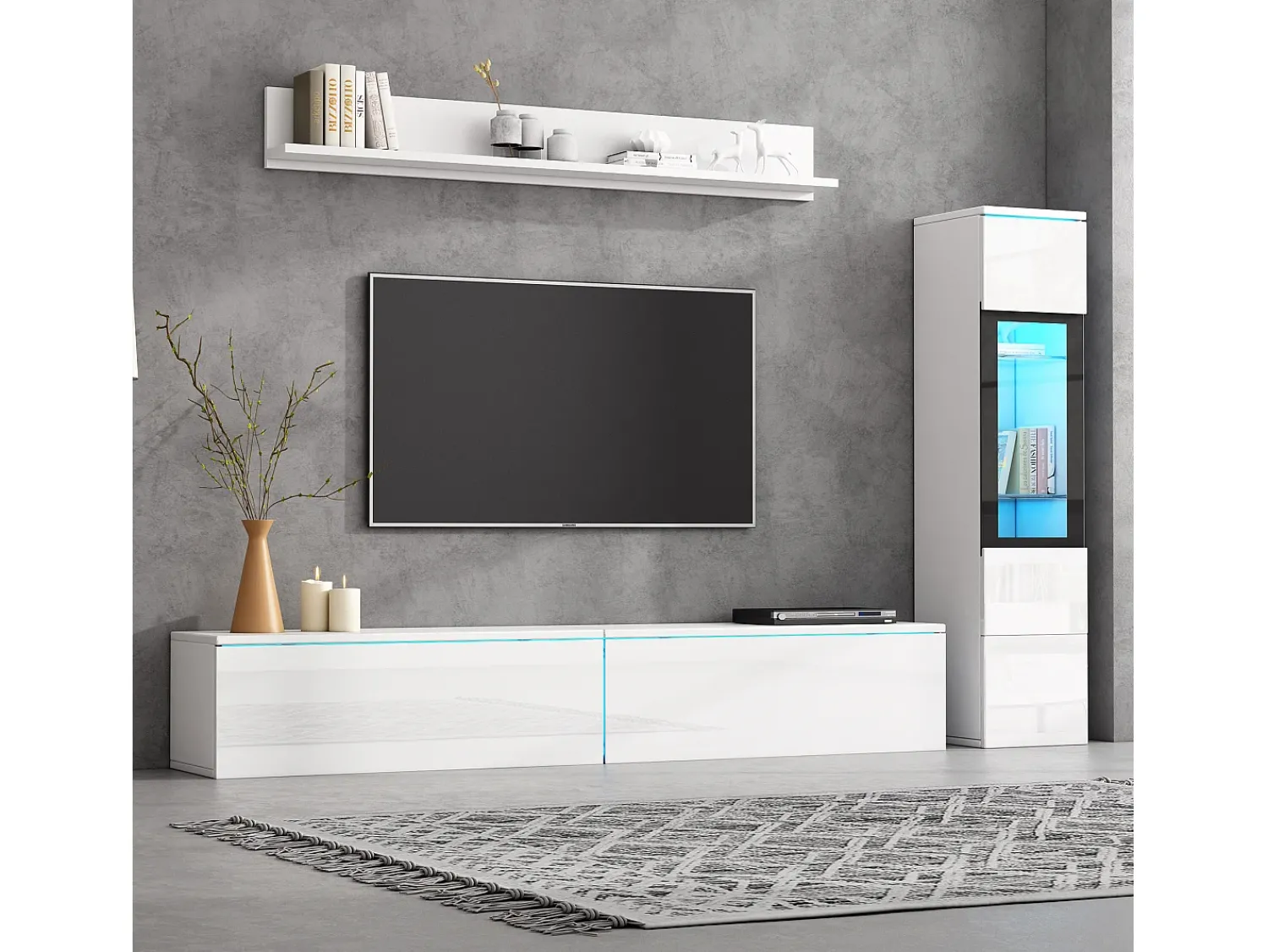 Móvel De Tv|ModernLuxe Conjunto de móvel de TV 3 peças - Móvel de TV + vitrina de parede + prateleira de parede - con iluminação LED - Branco