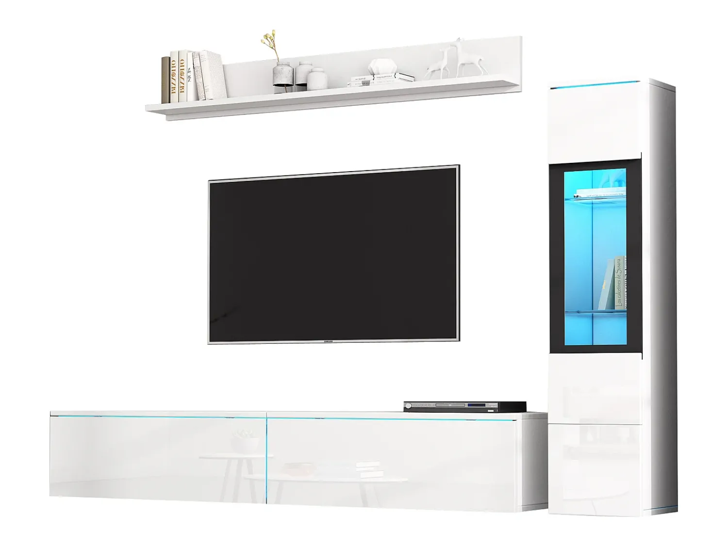 Móvel De Tv|ModernLuxe Conjunto de móvel de TV 3 peças - Móvel de TV + vitrina de parede + prateleira de parede - con iluminação LED - Branco