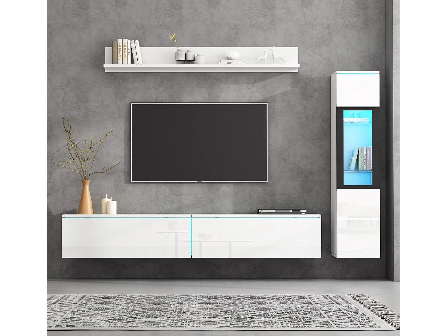 Móvel De Tv|ModernLuxe Conjunto de móvel de TV 3 peças - Móvel de TV + vitrina de parede + prateleira de parede - con iluminação LED - Branco