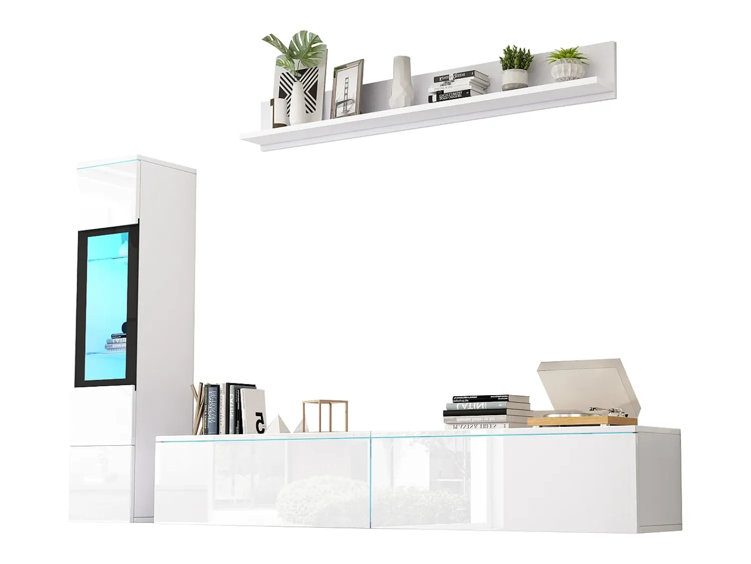 Móvel De Tv|ModernLuxe Conjunto de móvel de TV 3 peças - Móvel de TV + vitrina de parede + prateleira de parede - con iluminação LED - Branco