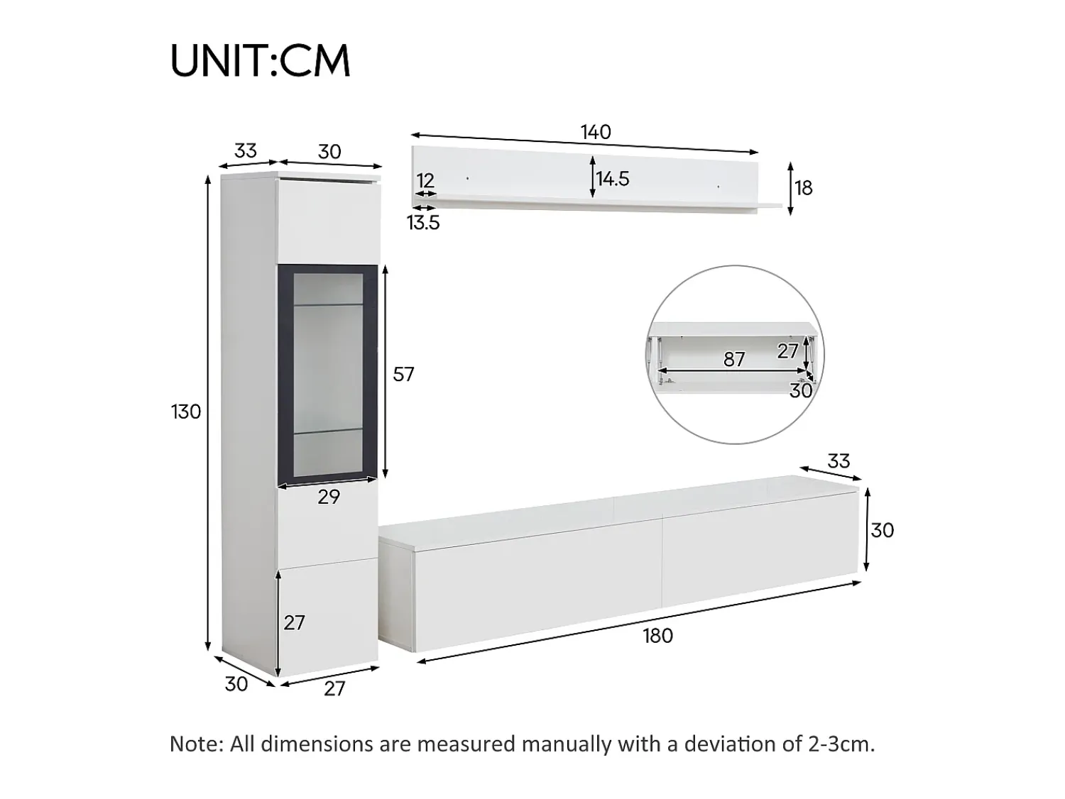 Móvel De Tv|ModernLuxe Conjunto de móvel de TV 3 peças - Móvel de TV + vitrina de parede + prateleira de parede - con iluminação LED - Branco