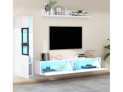 Móvel De Tv|ModernLuxe Conjunto de móvel de TV 3 peças - Móvel de TV + vitrina de parede + prateleira de parede - con iluminação LED - Branco