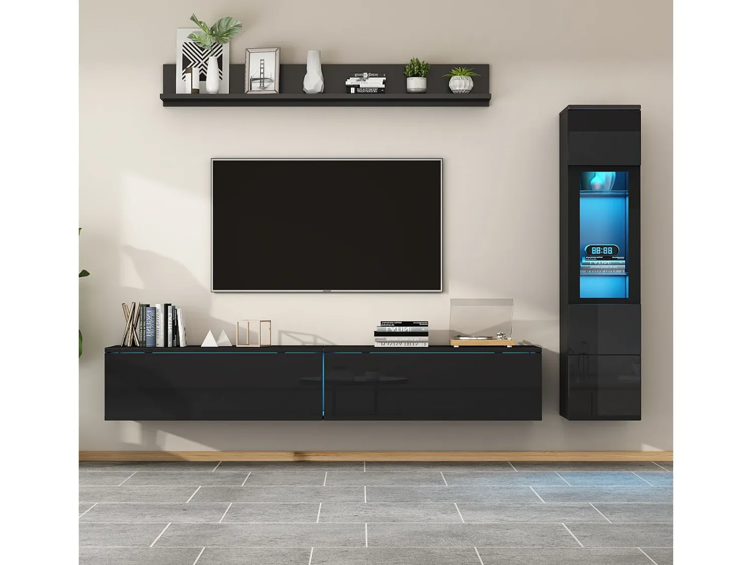 Conjunto de móvel de TV 3 peças - Móvel de TV + vitrina de parede + prateleira de parede - con iluminação LED -^ Móvel De Tv