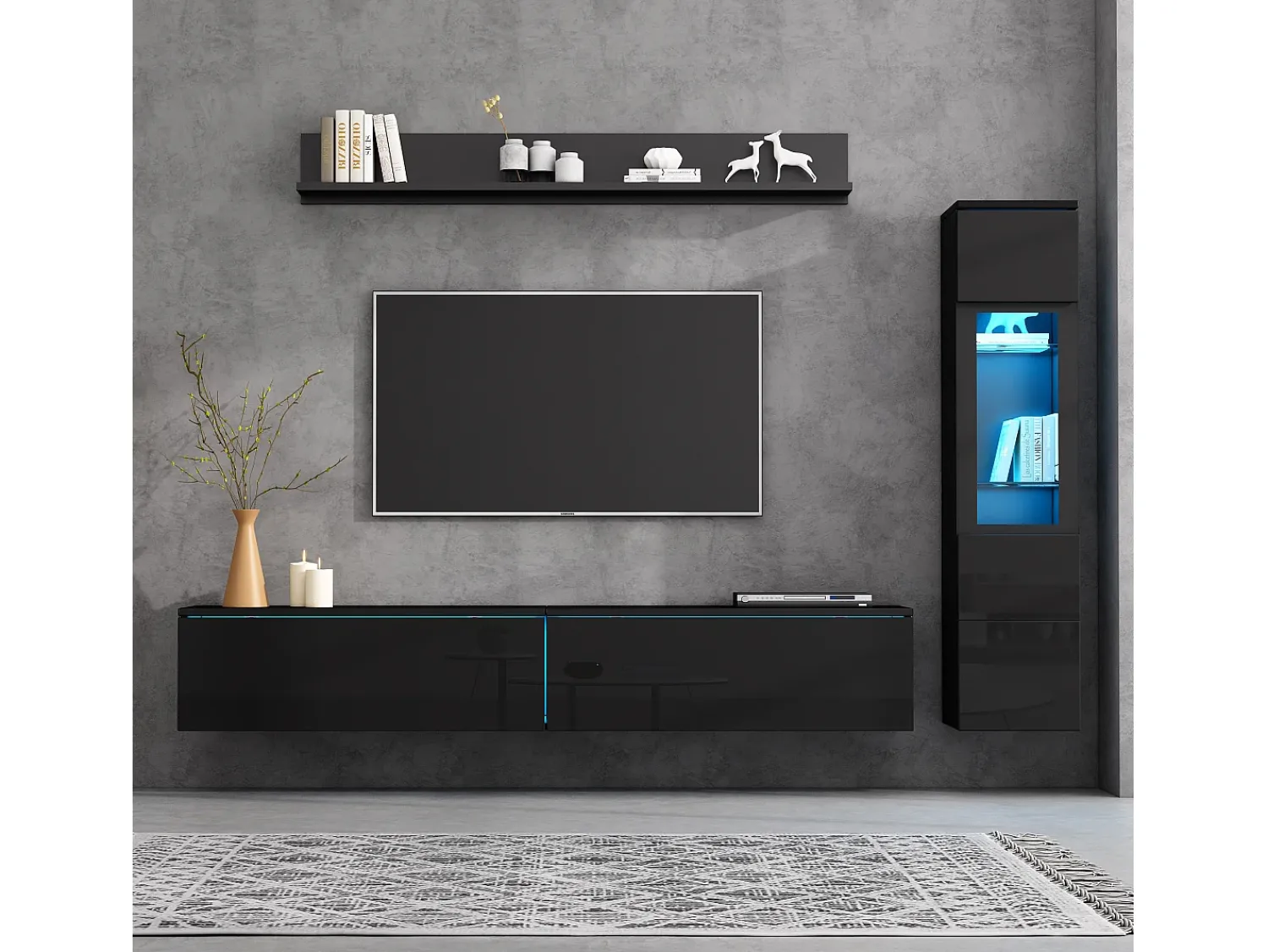 Conjunto de móvel de TV 3 peças - Móvel de TV + vitrina de parede + prateleira de parede - con iluminação LED -^ Móvel De Tv