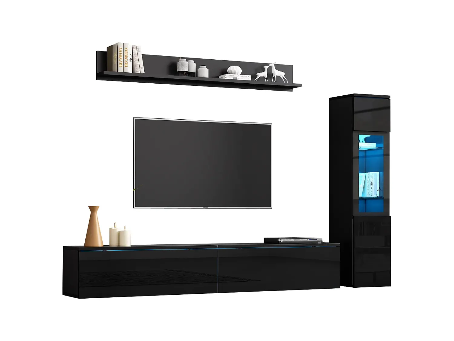 Conjunto de móvel de TV 3 peças - Móvel de TV + vitrina de parede + prateleira de parede - con iluminação LED -^ Móvel De Tv