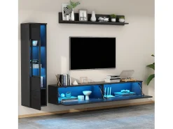 Conjunto de móvel de TV 3 peças - Móvel de TV + vitrina de parede + prateleira de parede - con iluminação LED -^ Móvel De Tv