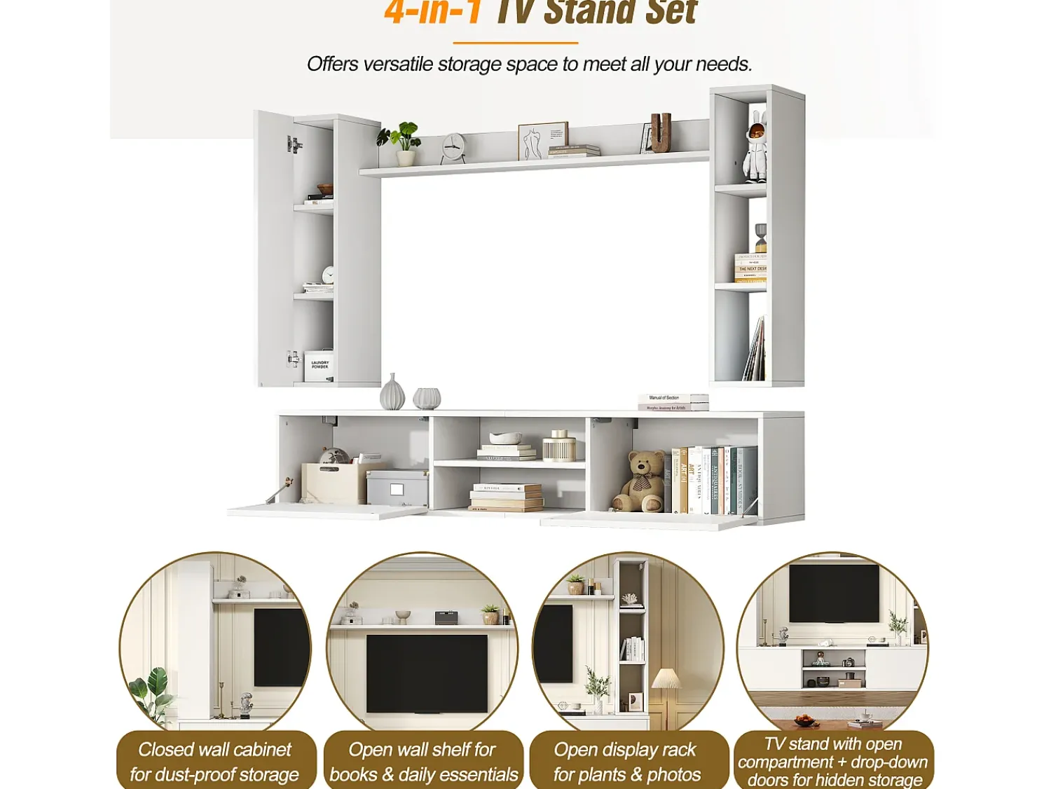 Móvel De Tv*ModernLuxe Conjunto de móvel para TV 4 peças - móvel para TV + 2 móveis de parede + prateleira de parede - 1 porta e 2 portas basculantes - Branco