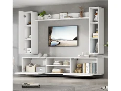 Móvel De Tv*ModernLuxe Conjunto de móvel para TV 4 peças - móvel para TV + 2 móveis de parede + prateleira de parede - 1 porta e 2 portas basculantes - Branco