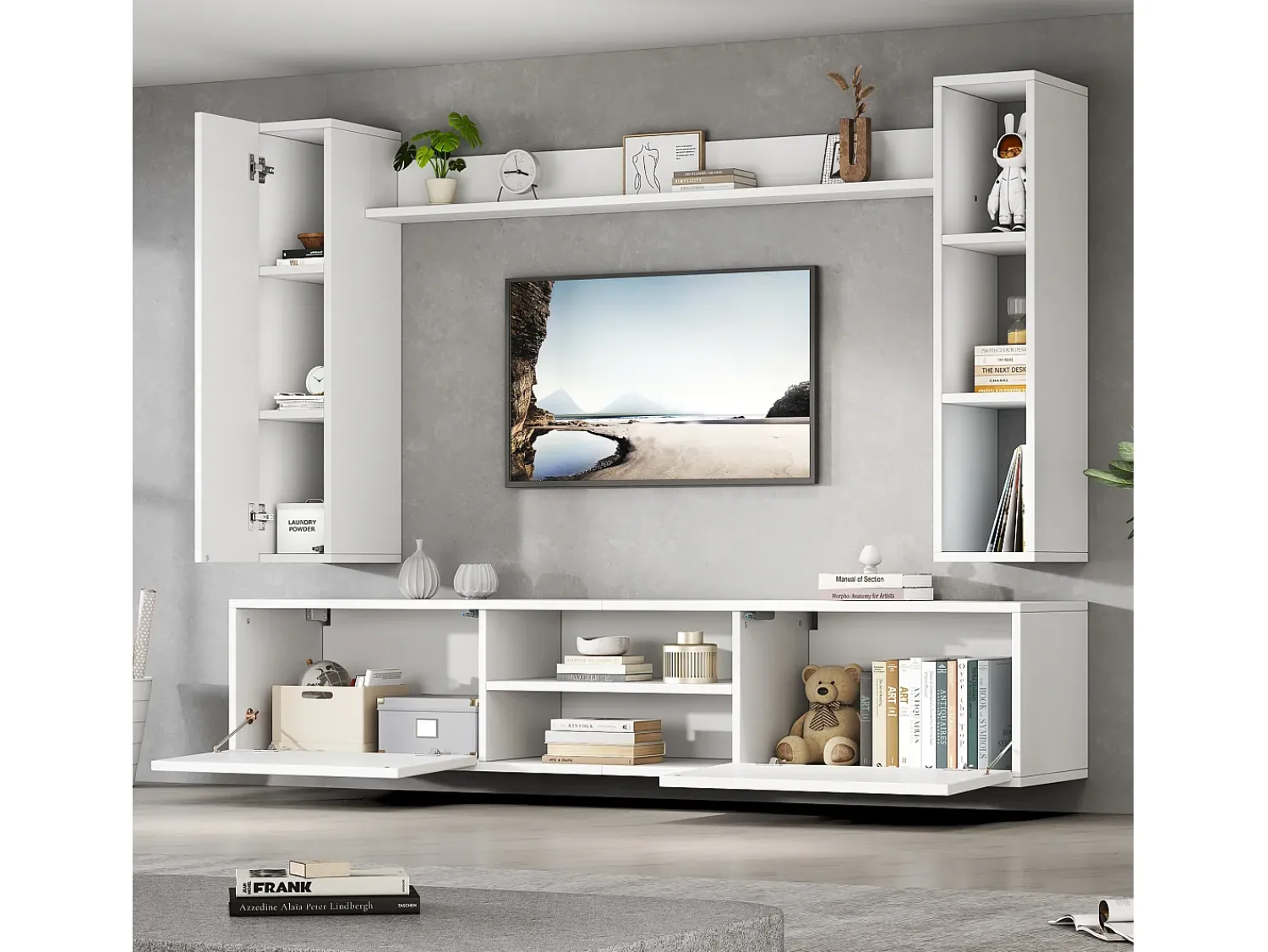 Móvel De Tv*ModernLuxe Conjunto de móvel para TV 4 peças - móvel para TV + 2 móveis de parede + prateleira de parede - 1 porta e 2 portas basculantes - Branco