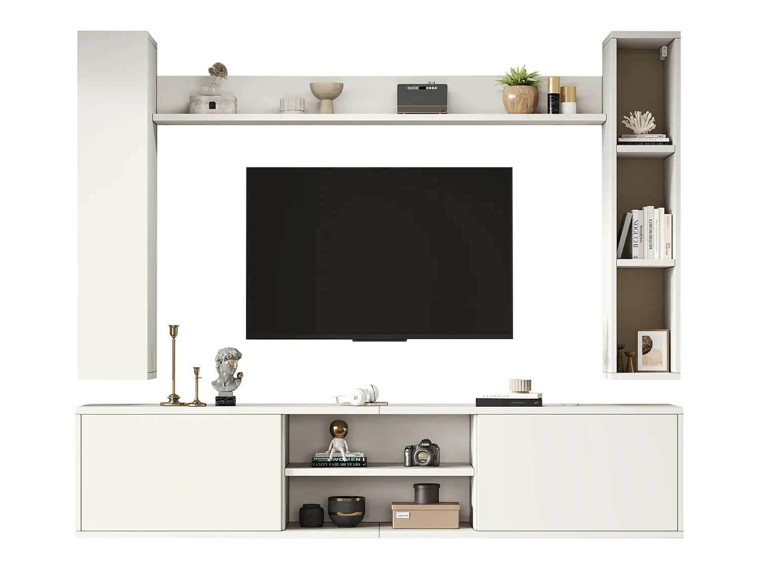 Móvel De Tv*ModernLuxe Conjunto de móvel para TV 4 peças - móvel para TV + 2 móveis de parede + prateleira de parede - 1 porta e 2 portas basculantes - Branco