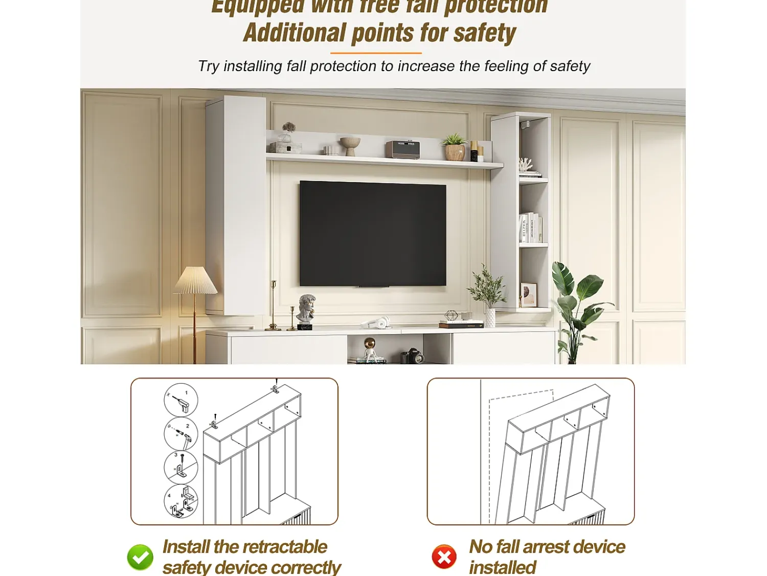 Móvel De Tv*ModernLuxe Conjunto de móvel para TV 4 peças - móvel para TV + 2 móveis de parede + prateleira de parede - 1 porta e 2 portas basculantes - Branco