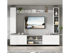 Móvel De Tv*ModernLuxe Conjunto de móvel para TV 4 peças - móvel para TV + 2 móveis de parede + prateleira de parede - 1 porta e 2 portas basculantes - Branco