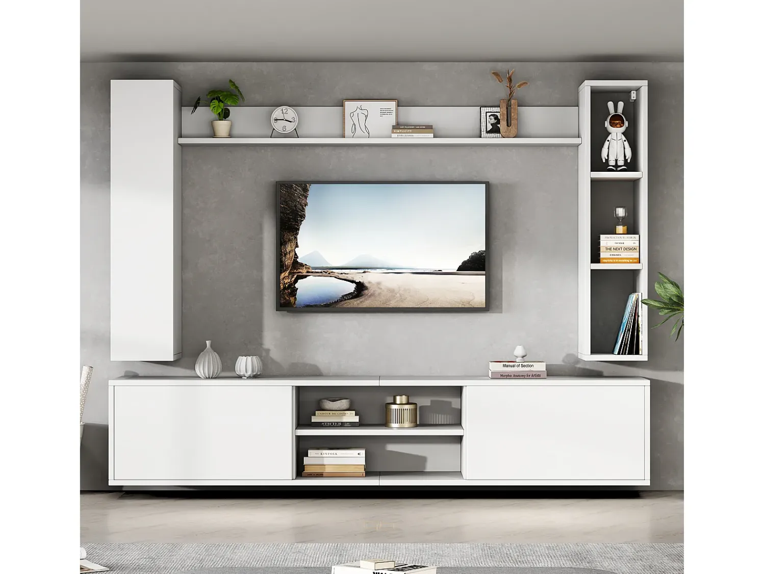 Móvel De Tv*ModernLuxe Conjunto de móvel para TV 4 peças - móvel para TV + 2 móveis de parede + prateleira de parede - 1 porta e 2 portas basculantes - Branco