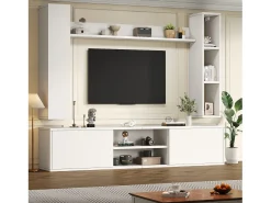 Móvel De Tv*ModernLuxe Conjunto de móvel para TV 4 peças - móvel para TV + 2 móveis de parede + prateleira de parede - 1 porta e 2 portas basculantes - Branco