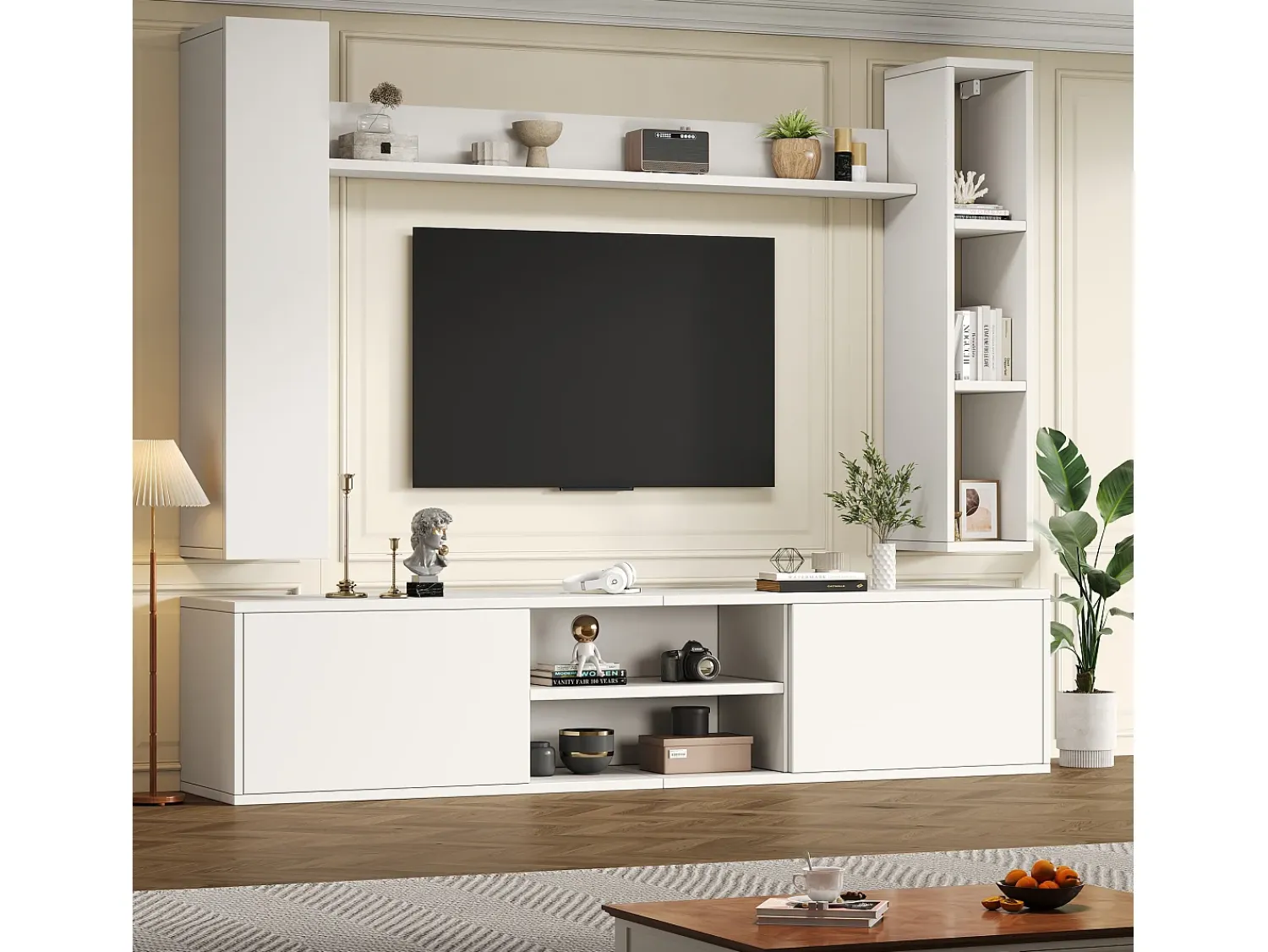 Móvel De Tv*ModernLuxe Conjunto de móvel para TV 4 peças - móvel para TV + 2 móveis de parede + prateleira de parede - 1 porta e 2 portas basculantes - Branco