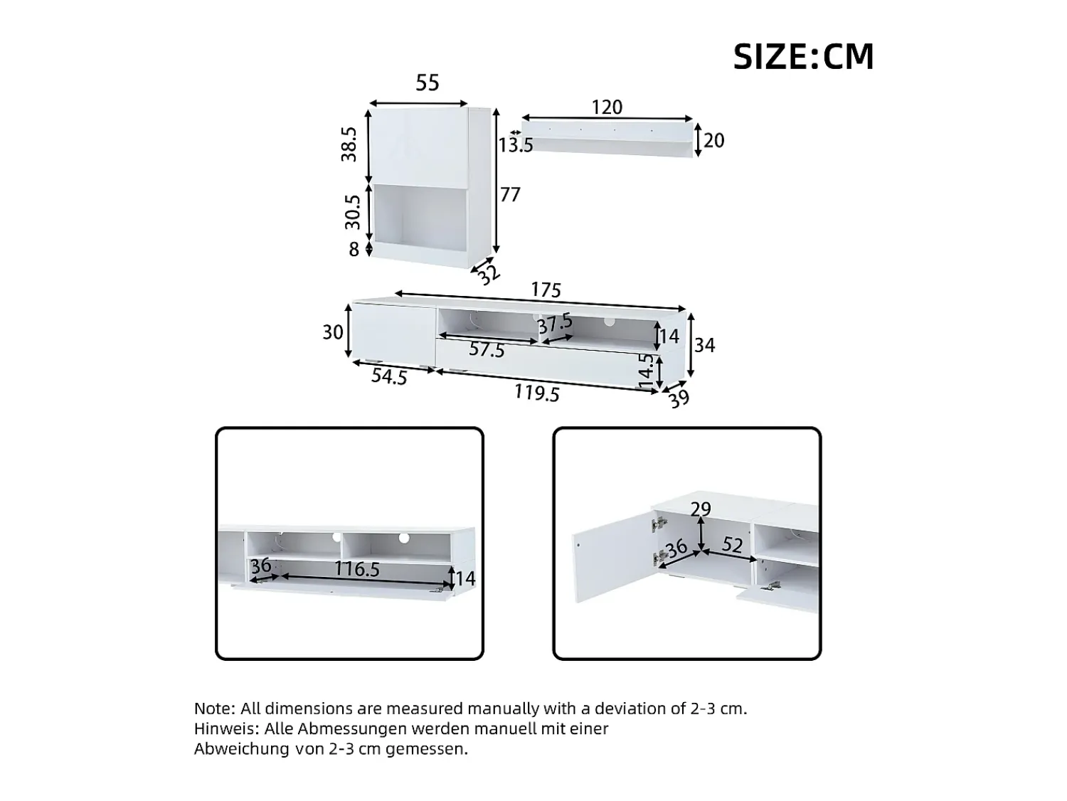 Móvel De Tv*ModernLuxe Conjunto de móvel para TV 3 peças - móvel para TV + móvel de parede + prateleira de parede - com iluminação LED e acabamento brilhante - Branco