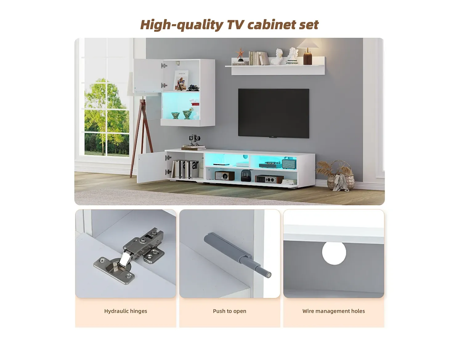 Móvel De Tv*ModernLuxe Conjunto de móvel para TV 3 peças - móvel para TV + móvel de parede + prateleira de parede - com iluminação LED e acabamento brilhante - Branco