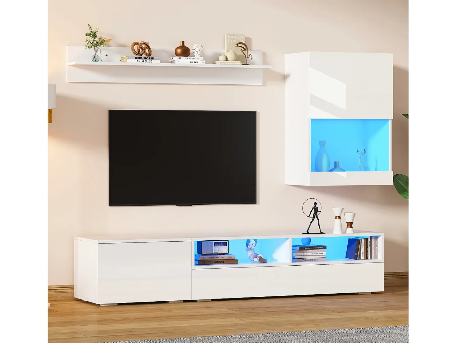 Móvel De Tv*ModernLuxe Conjunto de móvel para TV 3 peças - móvel para TV + móvel de parede + prateleira de parede - com iluminação LED e acabamento brilhante - Branco