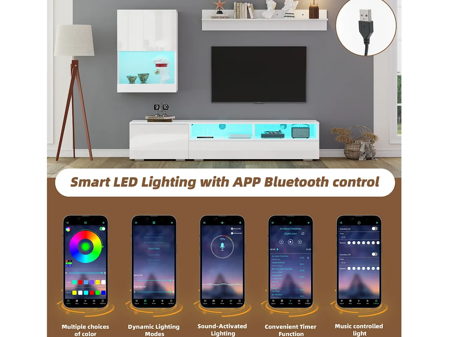 Móvel De Tv*ModernLuxe Conjunto de móvel para TV 3 peças - móvel para TV + móvel de parede + prateleira de parede - com iluminação LED e acabamento brilhante - Branco