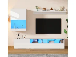 Móvel De Tv*ModernLuxe Conjunto de móvel para TV 3 peças - móvel para TV + móvel de parede + prateleira de parede - com iluminação LED e acabamento brilhante - Branco