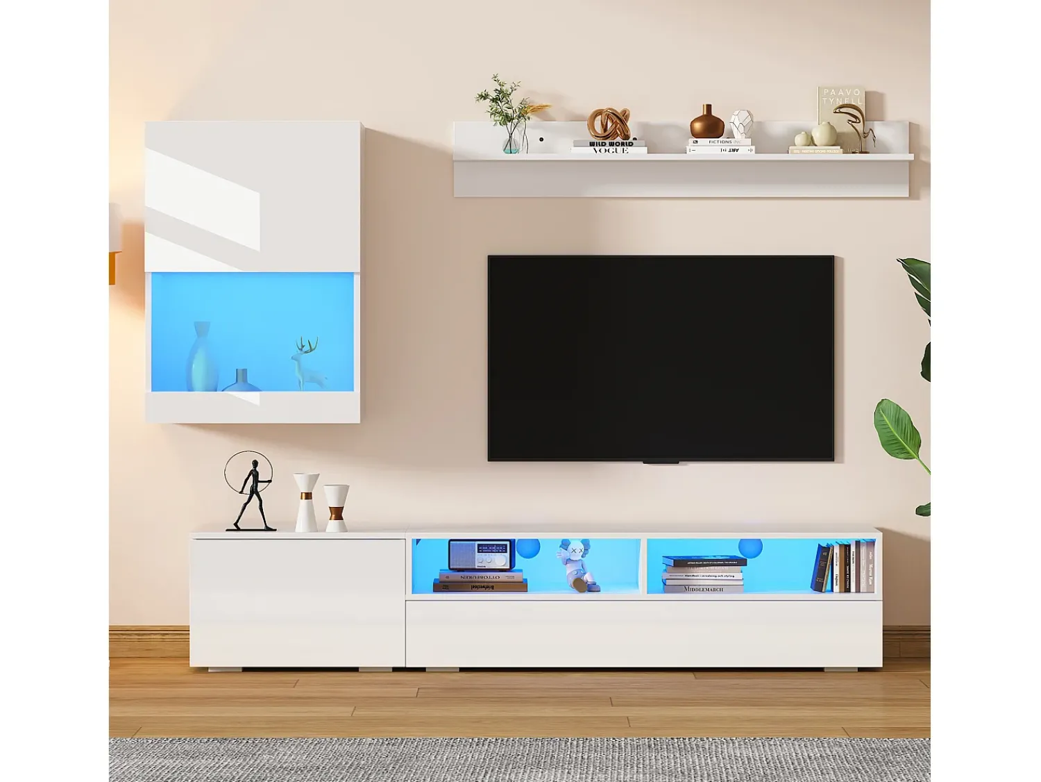 Móvel De Tv*ModernLuxe Conjunto de móvel para TV 3 peças - móvel para TV + móvel de parede + prateleira de parede - com iluminação LED e acabamento brilhante - Branco