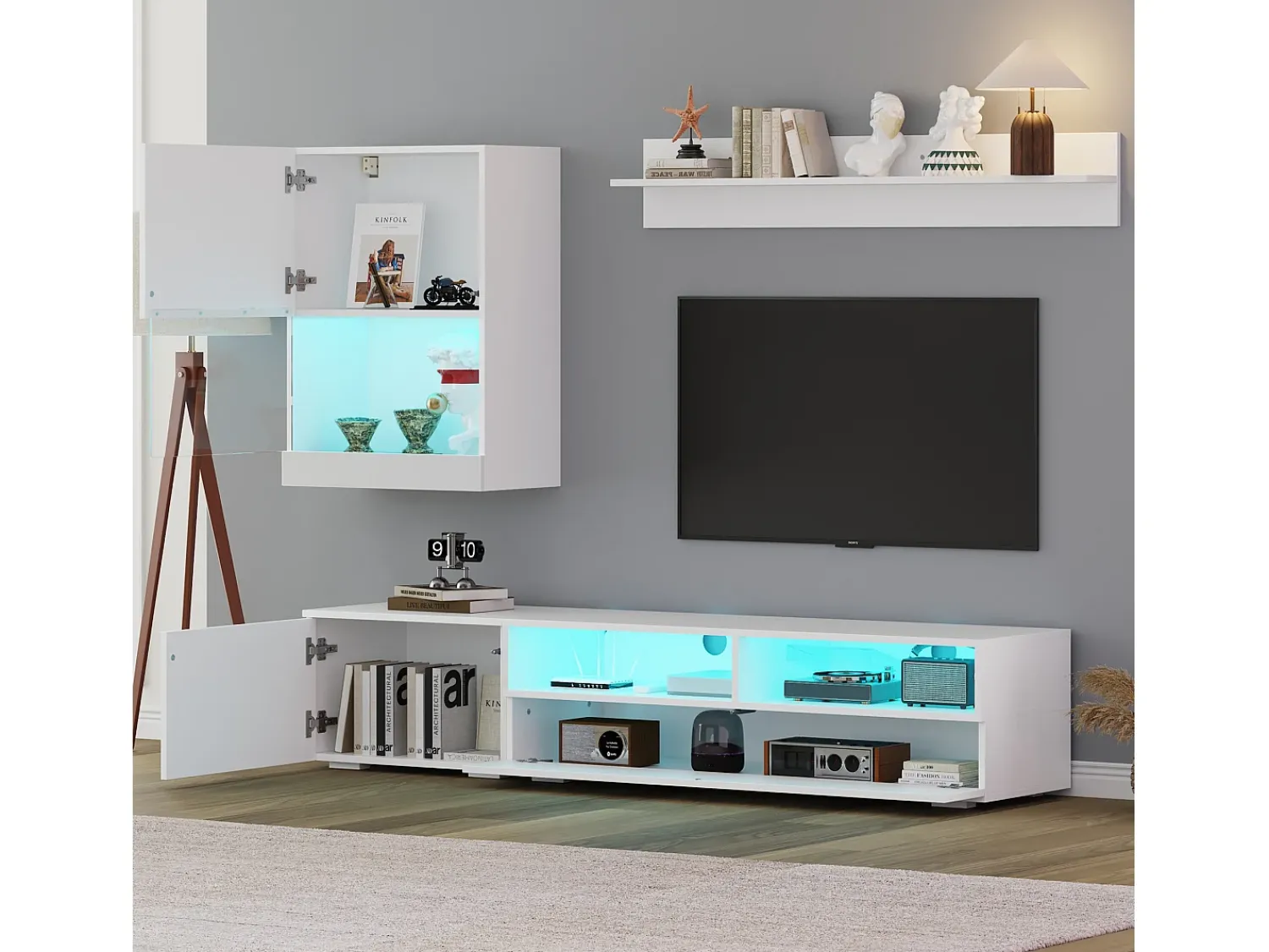 Móvel De Tv*ModernLuxe Conjunto de móvel para TV 3 peças - móvel para TV + móvel de parede + prateleira de parede - com iluminação LED e acabamento brilhante - Branco