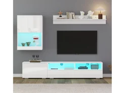 Móvel De Tv*ModernLuxe Conjunto de móvel para TV 3 peças - móvel para TV + móvel de parede + prateleira de parede - com iluminação LED e acabamento brilhante - Branco