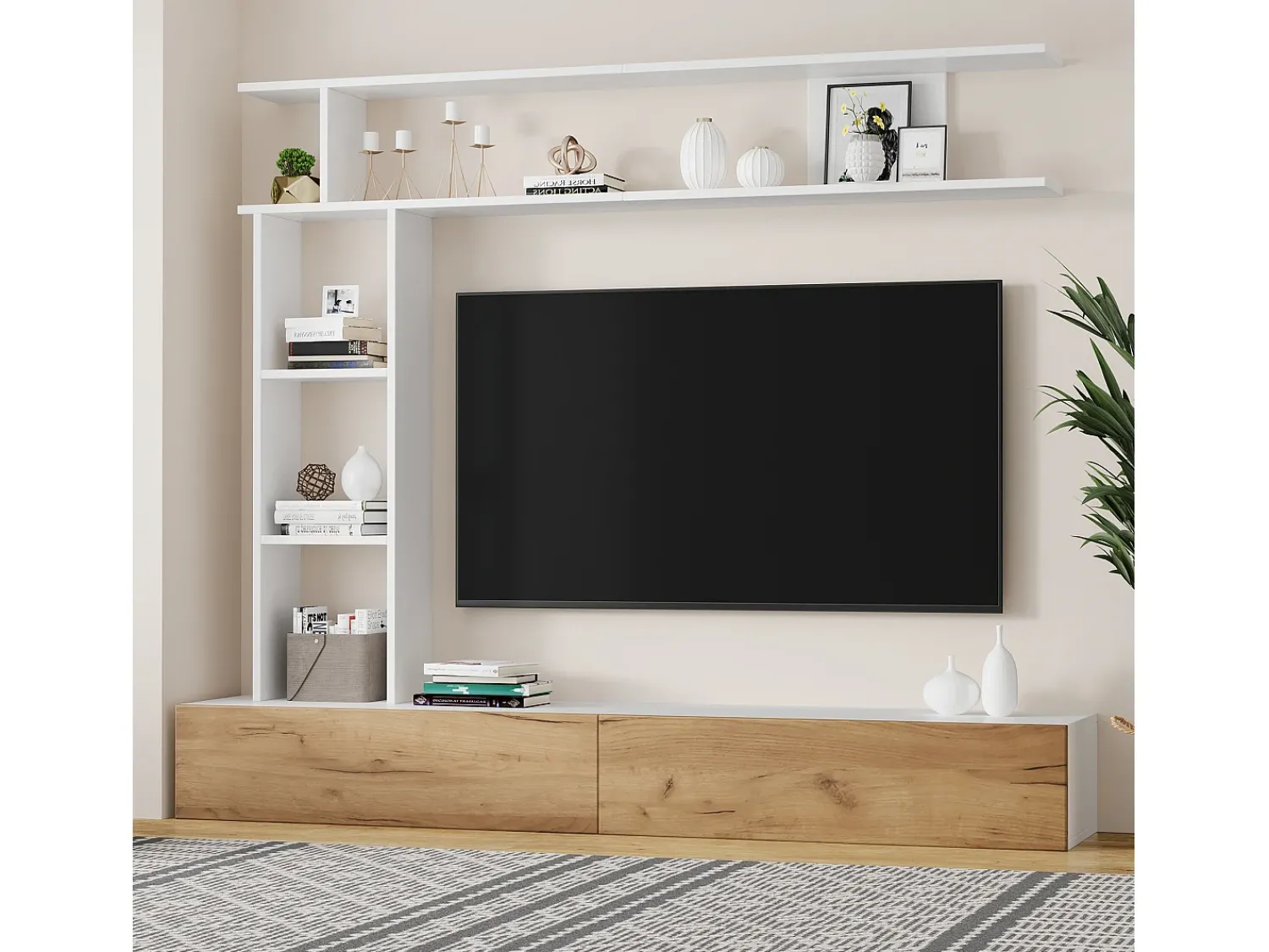 Móvel De Tv|ModernLuxe Conjunto de móvel para TV 3 peças – móvel para TV + prateleira vertical + prateleira de parede – 2 portas basculantes - branco e natural Natural claro