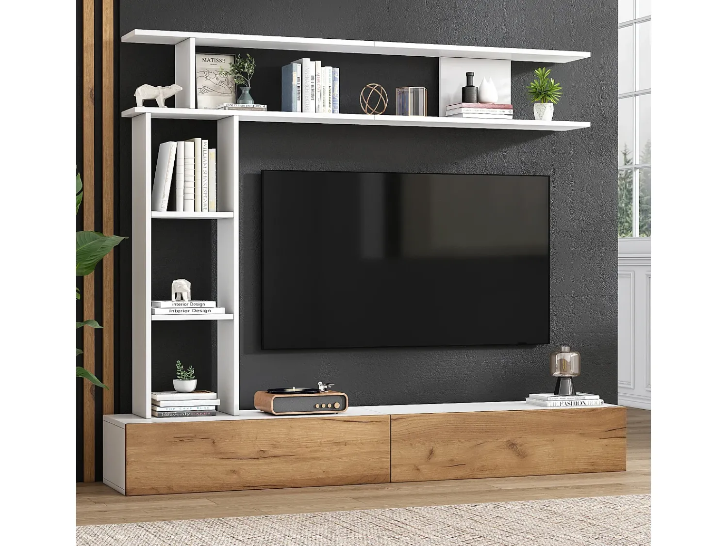 Móvel De Tv|ModernLuxe Conjunto de móvel para TV 3 peças – móvel para TV + prateleira vertical + prateleira de parede – 2 portas basculantes - branco e natural Natural claro