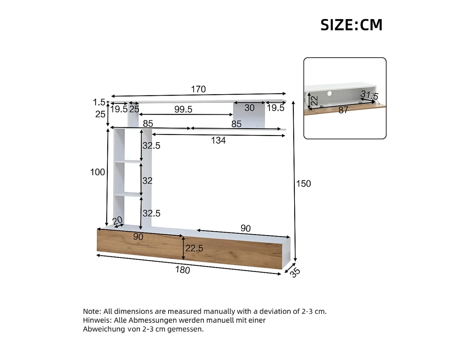 Móvel De Tv|ModernLuxe Conjunto de móvel para TV 3 peças – móvel para TV + prateleira vertical + prateleira de parede – 2 portas basculantes - branco e natural Natural claro