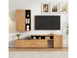 ModernLuxe Conjunto de móvel para TV 2 peças - móvel para TV ajustável + móvel de parede - 4 portas - prateleiras abertas - natural+preto^ Móvel De Tv