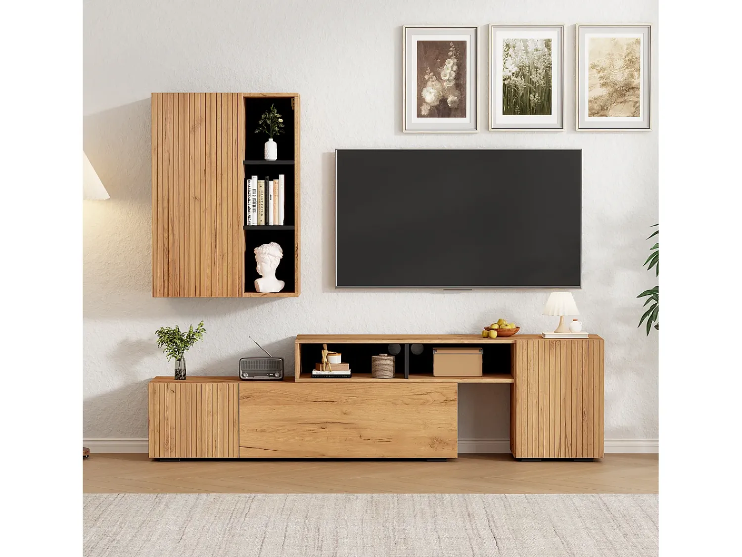 ModernLuxe Conjunto de móvel para TV 2 peças - móvel para TV ajustável + móvel de parede - 4 portas - prateleiras abertas - natural+preto^ Móvel De Tv