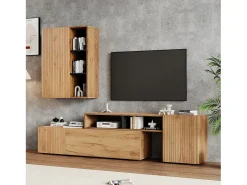 ModernLuxe Conjunto de móvel para TV 2 peças - móvel para TV ajustável + móvel de parede - 4 portas - prateleiras abertas - natural+preto^ Móvel De Tv