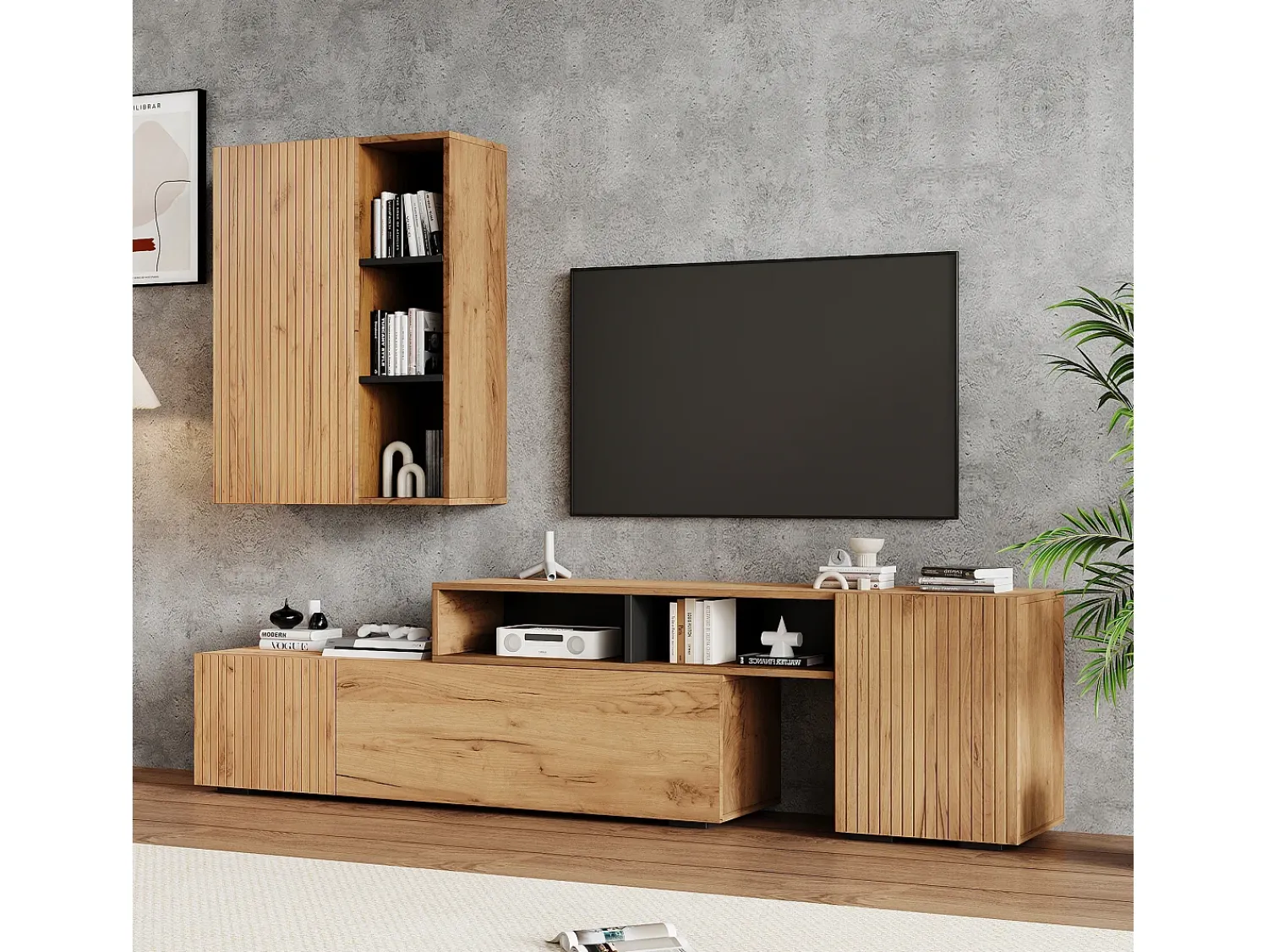 ModernLuxe Conjunto de móvel para TV 2 peças - móvel para TV ajustável + móvel de parede - 4 portas - prateleiras abertas - natural+preto^ Móvel De Tv