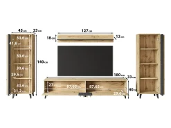 Discount Conjunto de sala 180 cm sobre pés – conjunto de TV moderno com estantes e prateleira, carvalho artisan, preto mate Natural claro