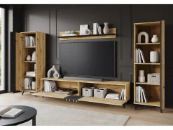 Discount Conjunto de sala 180 cm sobre pés – conjunto de TV moderno com estantes e prateleira, carvalho artisan, preto mate Natural claro