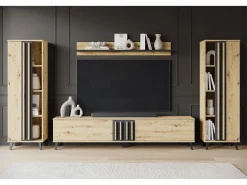 Discount Conjunto de sala 180 cm sobre pés – conjunto de TV moderno com estantes e prateleira, carvalho artisan, preto mate Natural claro