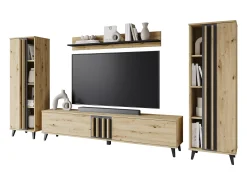 Discount Conjunto de sala 180 cm sobre pés – conjunto de TV moderno com estantes e prateleira, carvalho artisan, preto mate Natural claro