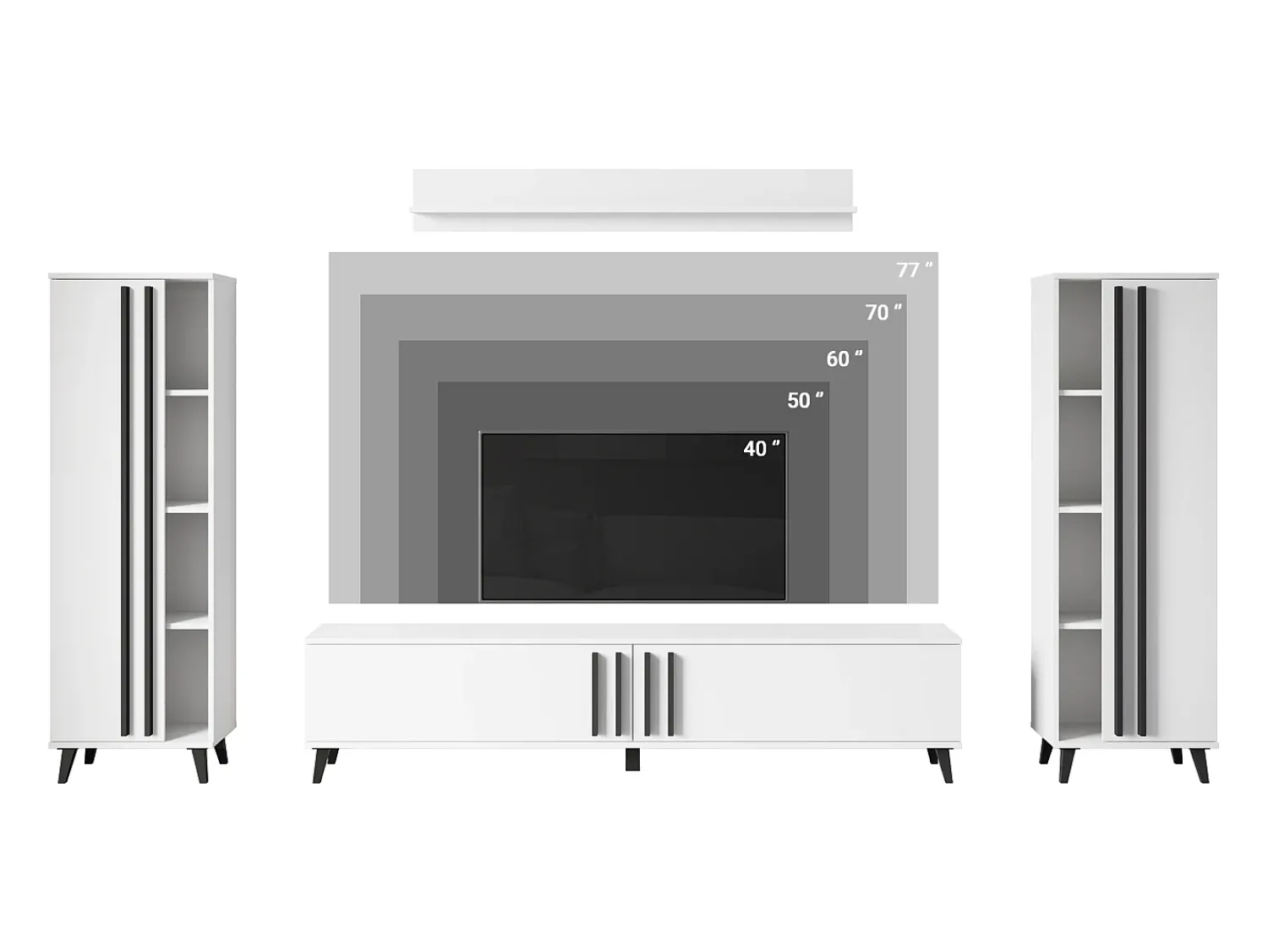 Móvel De Tv| Conjunto de sala 180 cm sobre pés – conjunto de TV moderno com estantes e prateleira, mate Preto