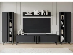 Móvel De Tv| Conjunto de sala 180 cm sobre pés – conjunto de TV moderno com estantes e prateleira, mate Preto