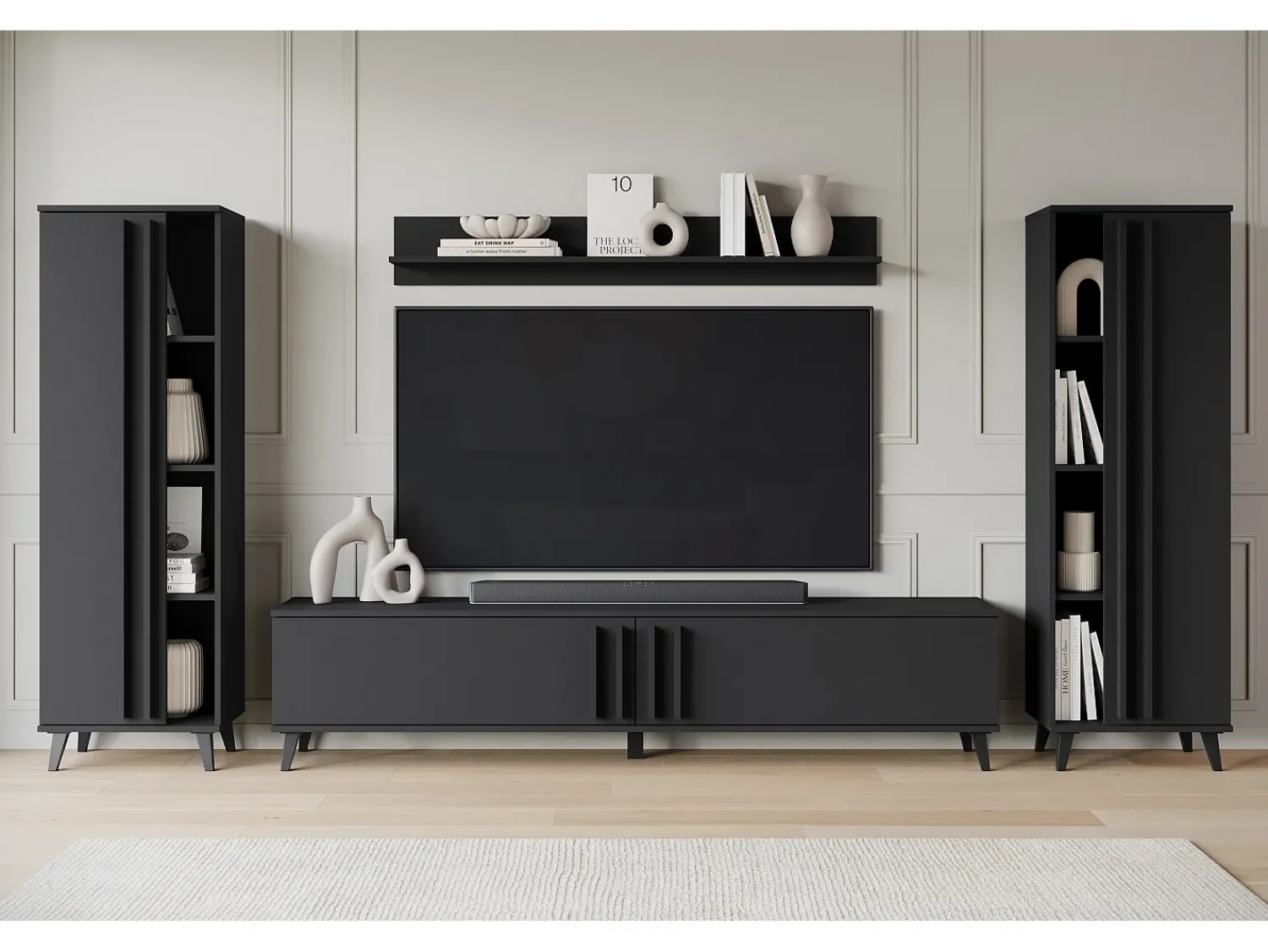 Móvel De Tv| Conjunto de sala 180 cm sobre pés – conjunto de TV moderno com estantes e prateleira, mate Preto